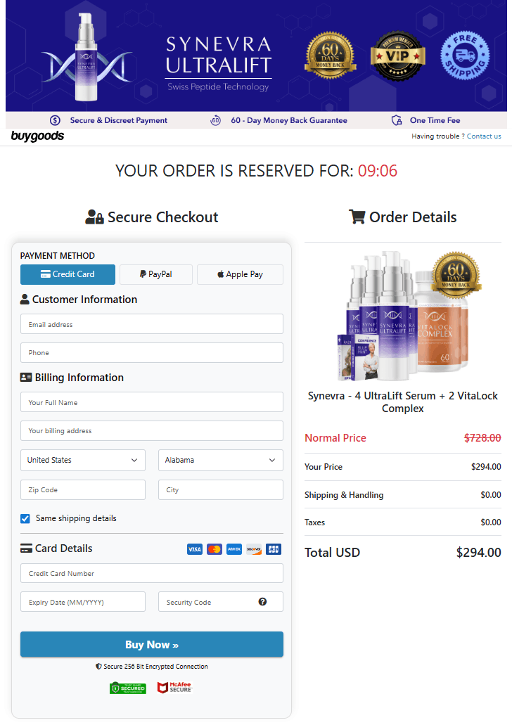 Synevra UltraLift order page